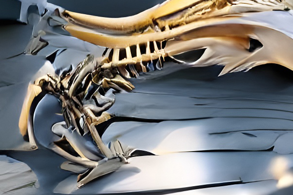he skeletal remnants of a time dragon in a mysterious hall